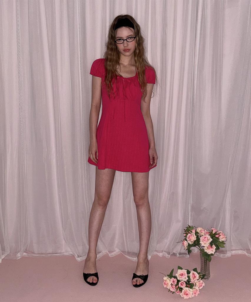 Teuwi Hirot Ribbon Shirred Short Sleeve Mini Dress