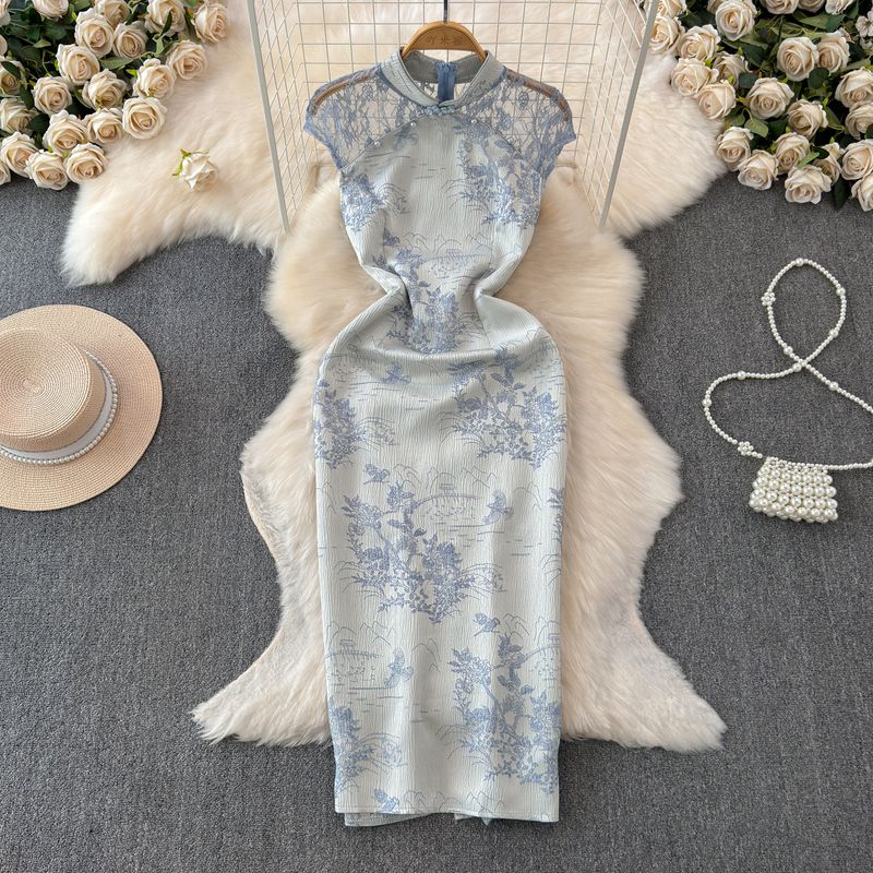 New Chinese Style Improved Cheongsam Short Dress Women's Summer New Arrival Waist-Tight Slimming Sense of Design National Style Lace Patchwork Dress