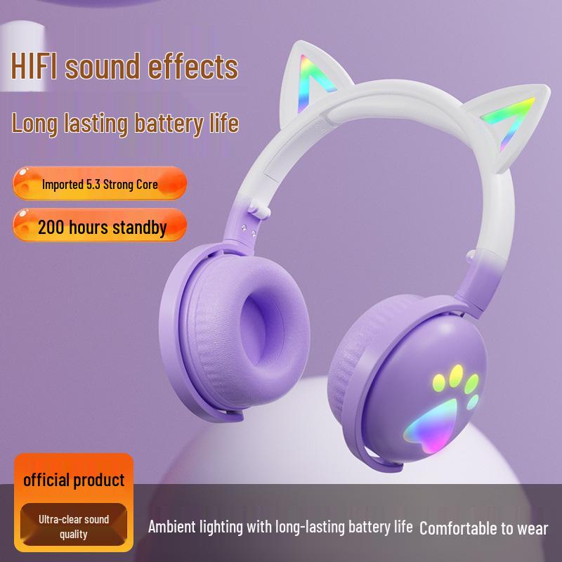 

KE28 Bluetooth Cat Ear Headset: 5.3 Low Latency, Dopamine Colors, RGB Lights. фіолетовий/білий