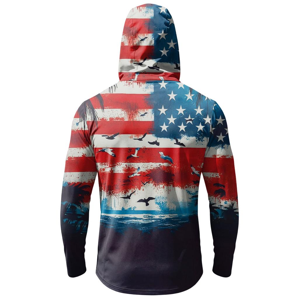 Men’s Casual Hooded Long Sleeve Sun Protection Top with Independence Day Themed Print and Front Zipper Pocket Design