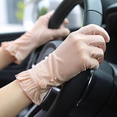 1 Pair Elegant Pink Polyester Gloves for Women - Sun-Protective, Full-Finger Design with Lace Accents, Perfect for Beach, Outdoor, Cycling