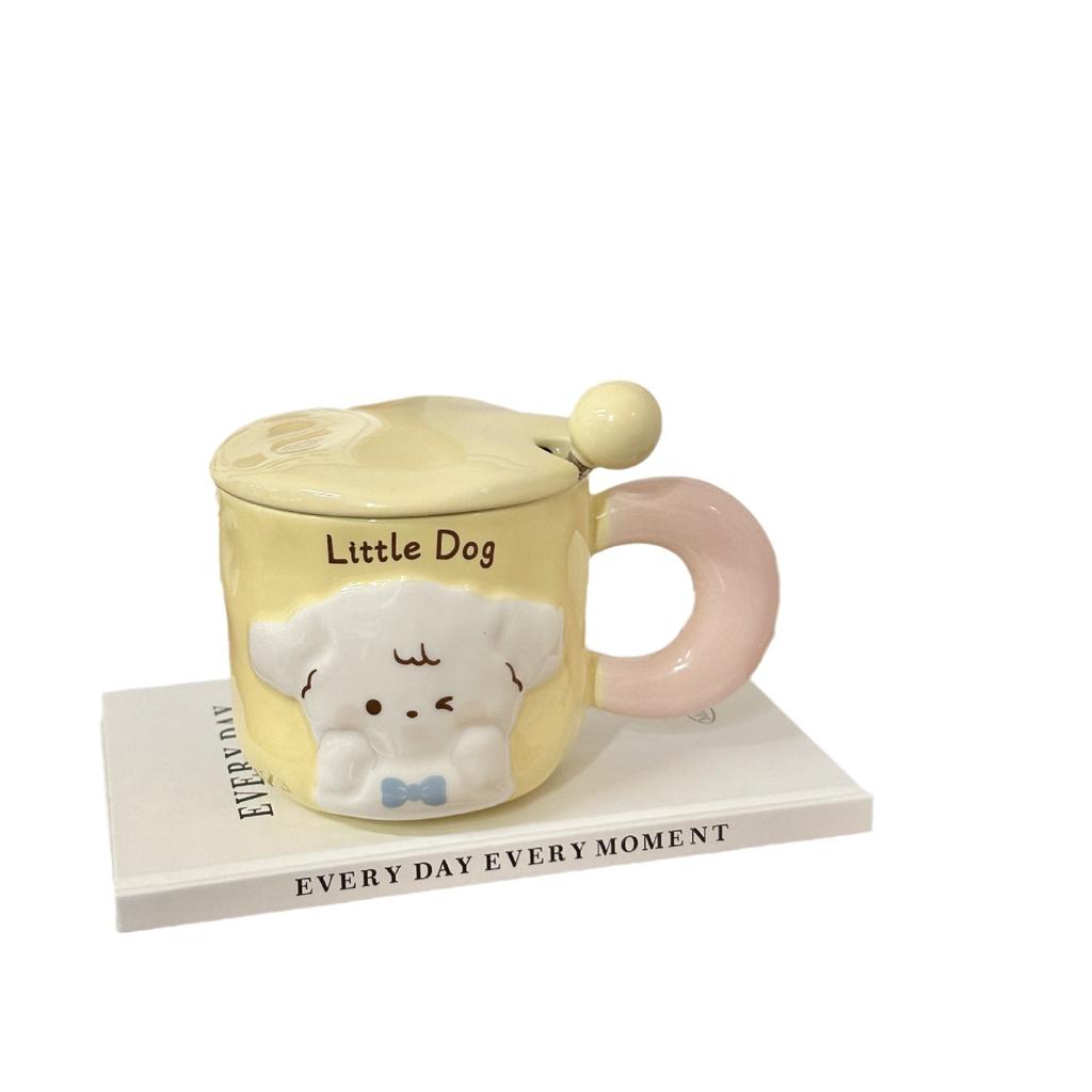 Puppy Mug with Lid Spoon Cute High Looking Couple Water Cup for Girls Home Creative Ceramic Cup Souvenir