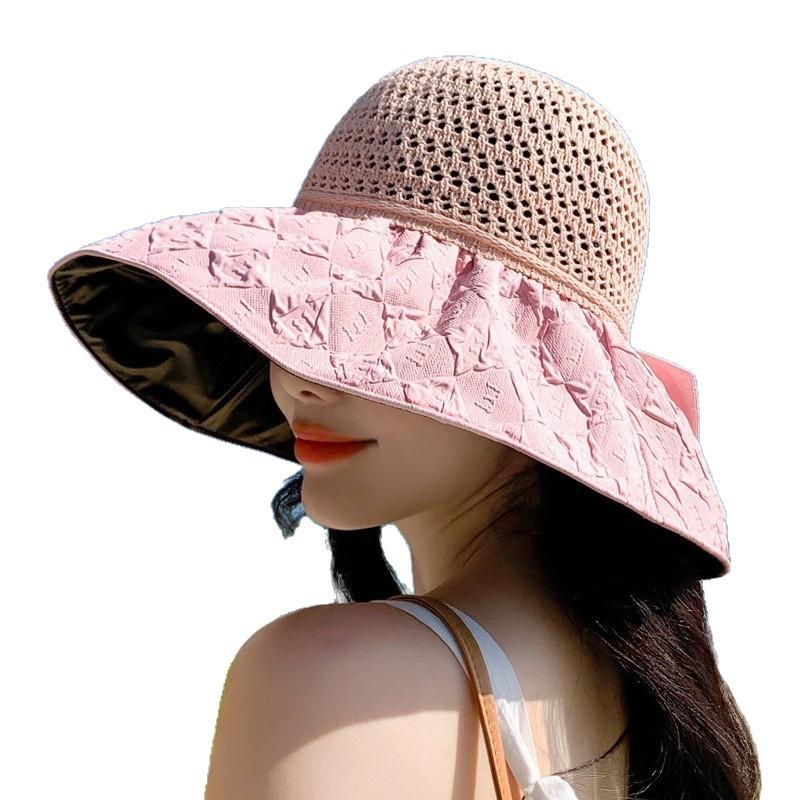 New Vinyl Bow Sun Hat Women's Hollow Straw Hat UV Protection Big Eaves Face Protection Sun Protection Hat Bucket Hat