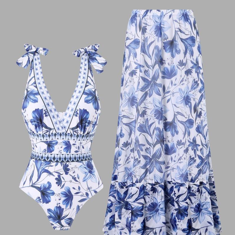 Sexy bikini one-piece swimsuit chiffon skirt round skirt shoulder V-neck swimsuit beach gathering conservative belly cover