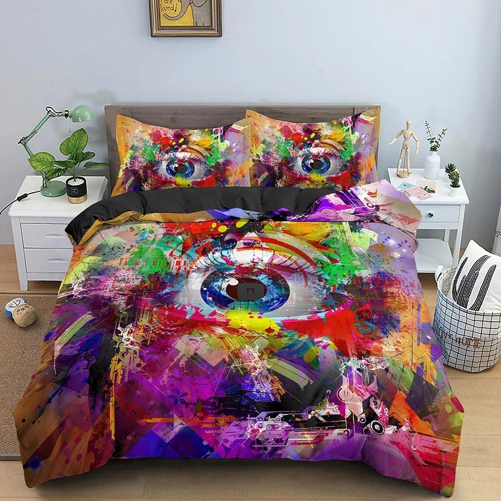3D Blaues Böses Auge Bettbezug King Queen Größe Psychedelisches Magisches Zeichnungsaugen Bettwäscheset Kinder Jugendliche Erwachsene Polyester Steppdeckenbezug