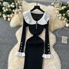 Spring Autumn Women Sweet Peter Pan Collar Knitted Sweater Long Midi Slim Mermaid Dresses