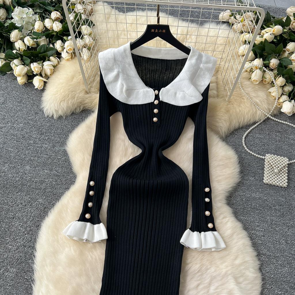 Spring Autumn Women Sweet Peter Pan Collar Knitted Sweater Long Midi Slim Mermaid Dresses