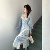 Floral Print Square Neck A-Line Midi Dress Women Sweet Princess Style With Puff Sleeve 2025 Lightweight TR Fabric