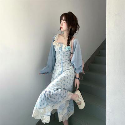 Floral Print Square Neck A-Line Midi Dress Women Sweet Princess Style With Puff Sleeve 2025 Lightweight TR Fabric