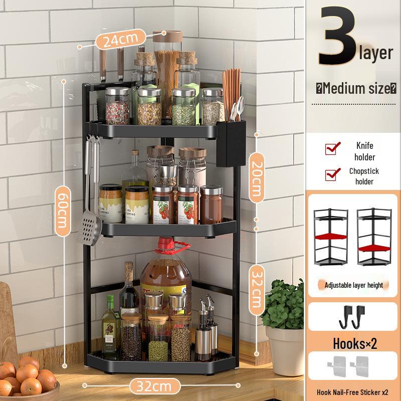 Corner Wall-Mounted Kitchen Spice Rack - No-Drill, Triangle Design for Countertop and Pendant Storage.