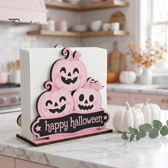 Stable Wooden Napkin Stand Halloween Holder, Cute Pastel Pumpkin Ghost Black Cat Tabletop Tissue Dispenser, Storage for Waterproof Decorative Kitchen