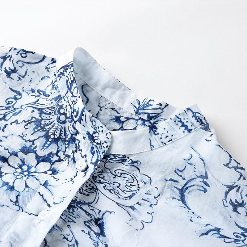 2026 Spring Women's Blue & White Porcelain Stand Collar Long Sleeve Shirt, Chinese Style, Slim Fit, Pure Cotton
