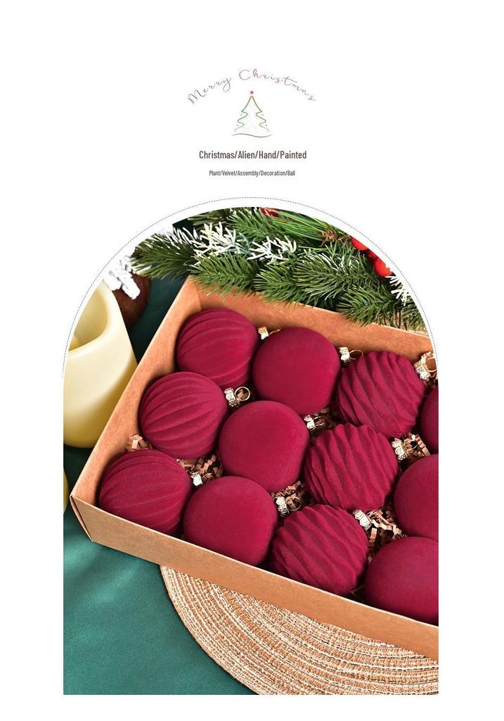 Elegant Wine Red & Dark Green Pumpkin Pattern Christmas Tree Flocking Ball Set