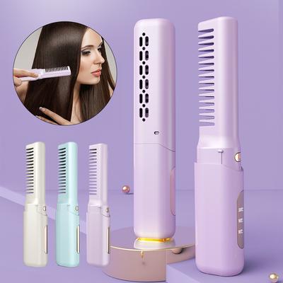 2-in-1 Mini Travel Hair Styler Wireless USB-C Rechargeable Curling & Straightening LCD Comb Auto Shutoff for Travel Beauty Hair Tool