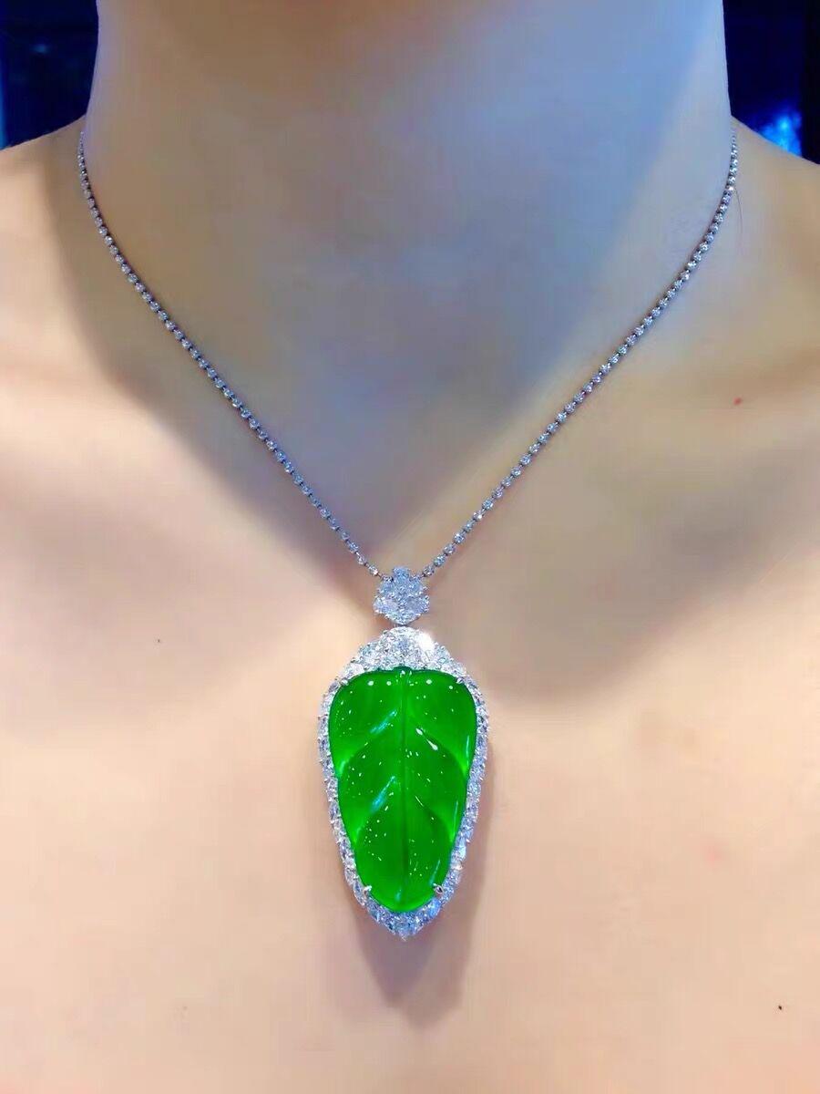 Myanmar Jade Pendant with Golden Branches - Authentic Imperial Green Leaf Design for Women