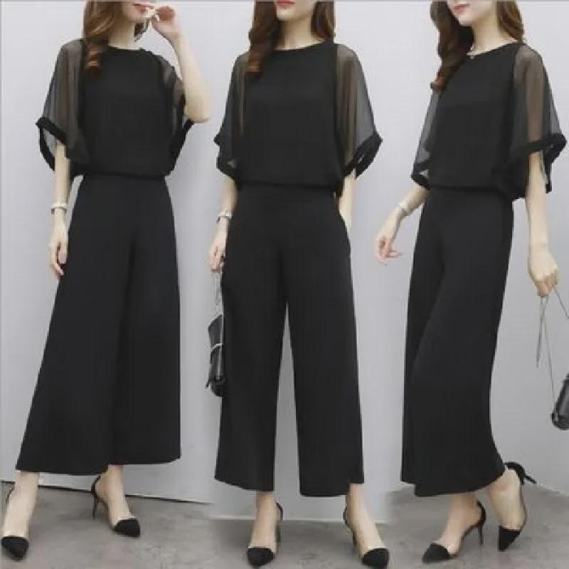 2025 Korean Women's Summer Fashion: Chiffon Top & High-Waist Wide-Leg Pants Set