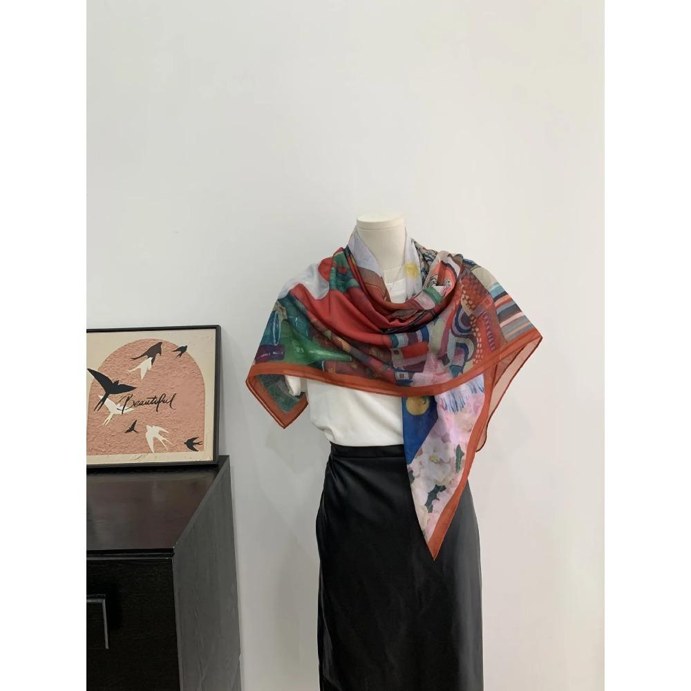 Head Scarf Women Square Scarf Thin Silk Like French Vintage Shawl Exclusive Design Spring Summer Autumn Lightweight Multipurpose