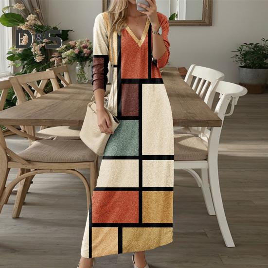 

Весна Осень Макси Платье Женское Элегантный V-образный вырез Длинный рукав Цветочный принт Клетчатая Лоскутная Цвет Длинное Платье Уличная Одежда L синий