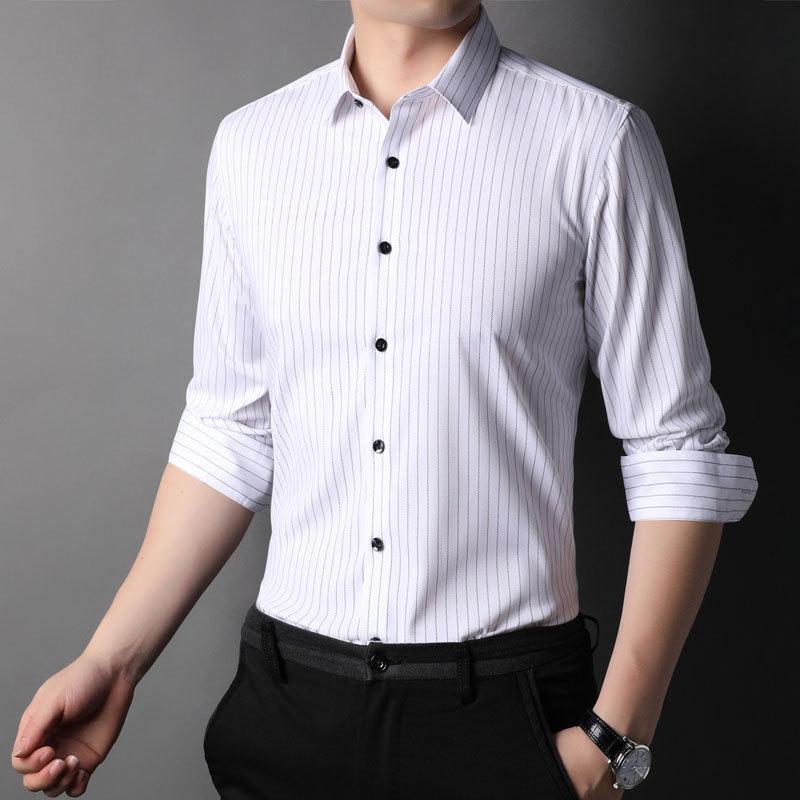Men's Vertical Stripe Long Sleeve Shirt - Turn-Down Collar, Slim Fit, Iron-Free, Versatile Business Top for All Ages