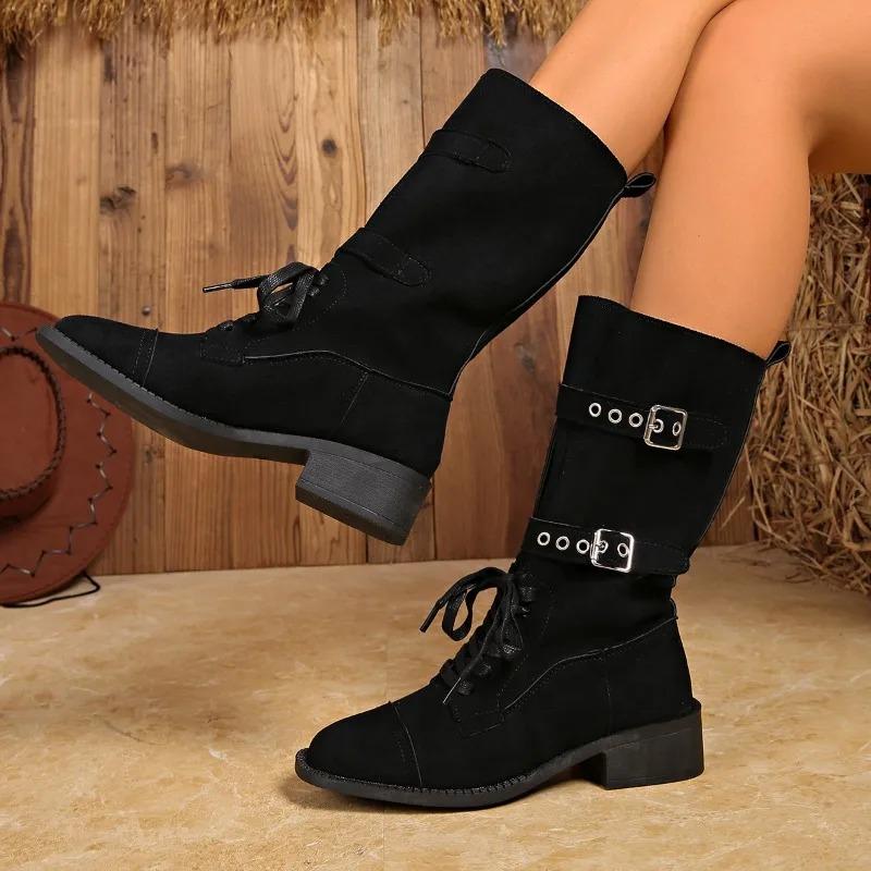 Vintage Pointed Toe Paneled Cow Suede Lace-Up Metal Buckle Zipper Soft Sole Non-Slip Block Heel Boots Mid-Tube Boots
