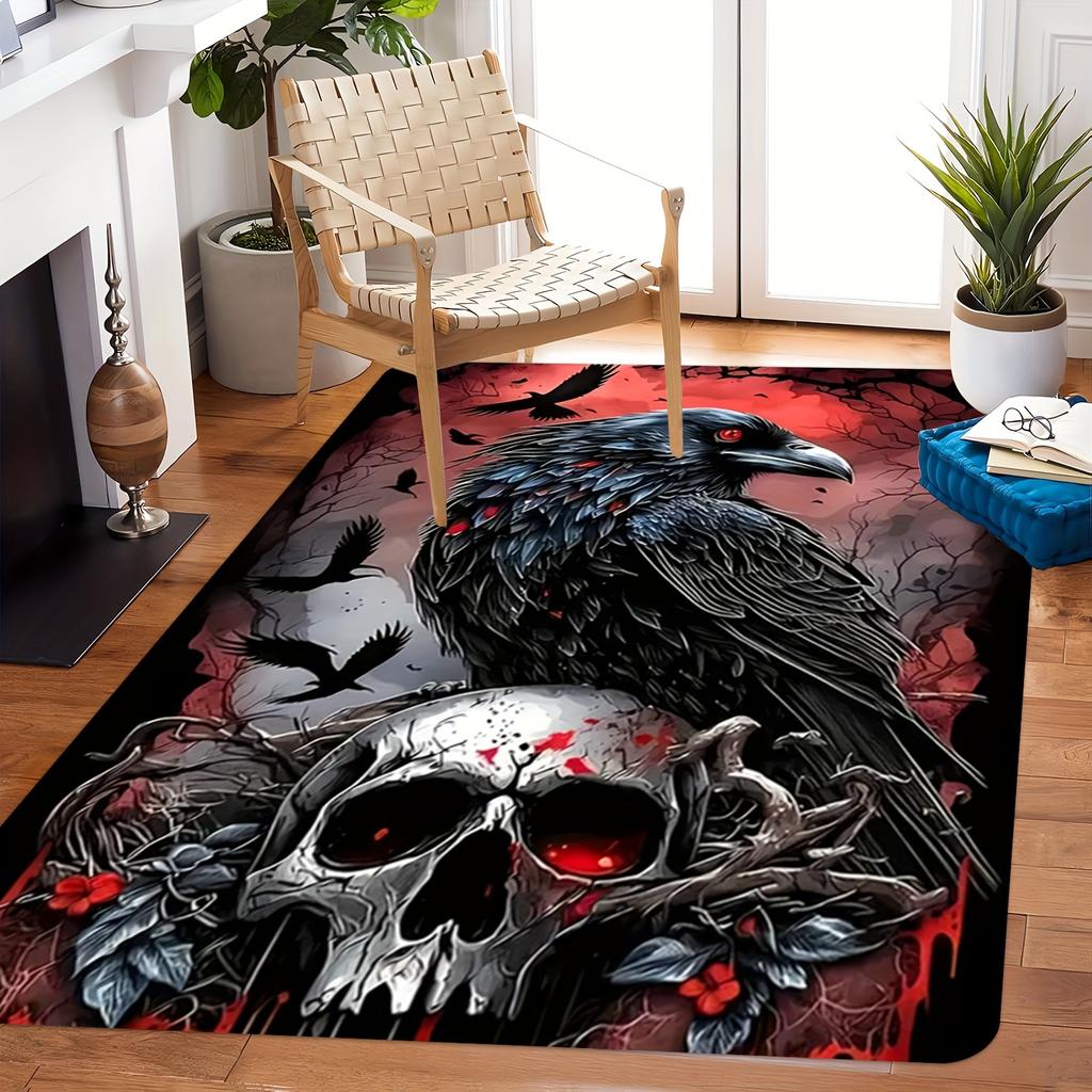 Raven Skull Area Rug - Washable Indoor/Outdoor Carpet for Living Room, Bedroom & Patio, Gothic Home Decor