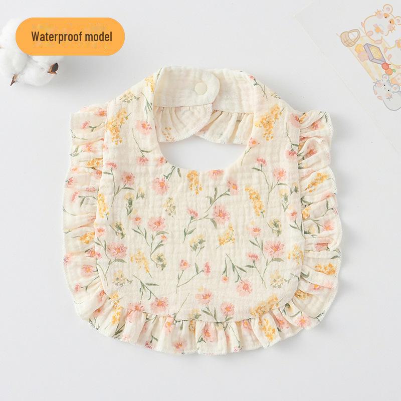 Ruffle Baby Bib: Seven-Layer Waterproof Cotton Gauze with Lace Trim.