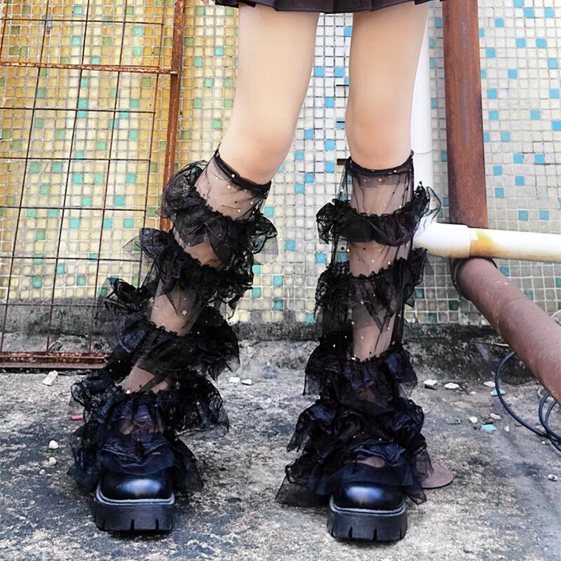 Mulheres Camadas Malha Ruffle Leg Warmers Kawaii Coxa Alta Meias Estéticas Y2K Chic Meias Perna Punhos Capa Streetwear