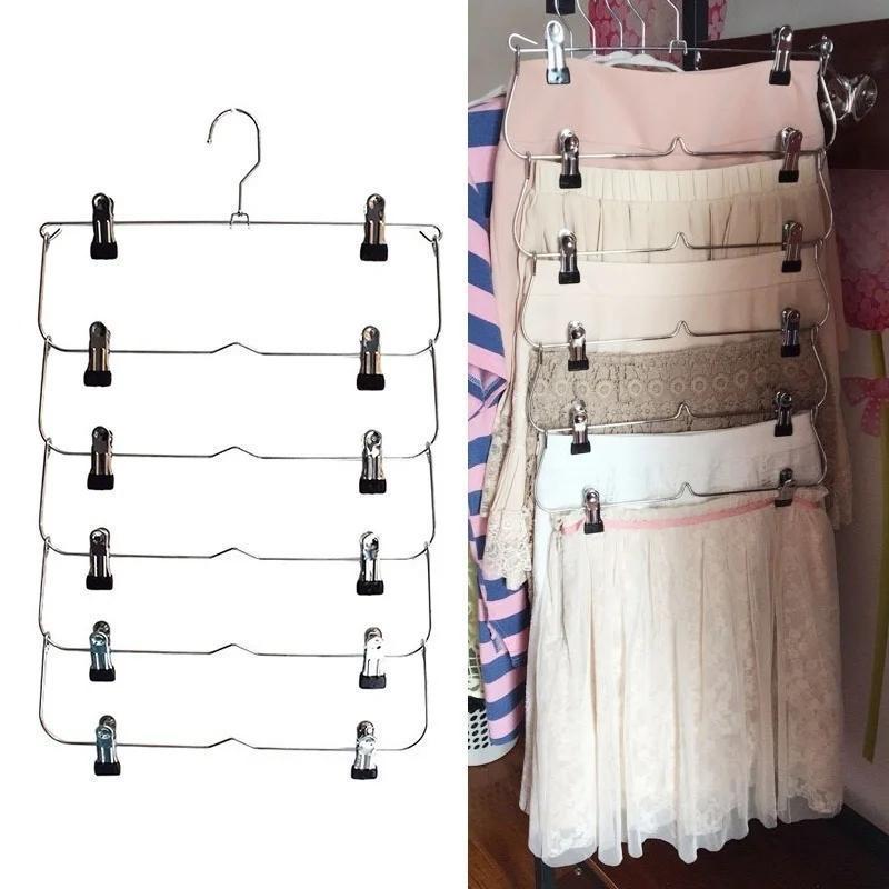 New 6 Layer Clothes Hangers Multilayer Skirt Trouser Hanger For Pants Non Slip Metal Hanger Clips Clothing Storage Rack Holder