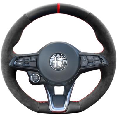 Hand-stitched Non-slip Black Genuine Leather Suede Car Steering Wheel Cover 100% Fit For Alfa Romeo Giulia Stelvio 2020-2023