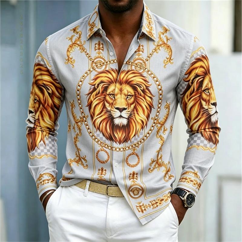 Men's shirt street style animal print shirt white base gilded chain men's slim fit trendy long sleeved business casual shirt