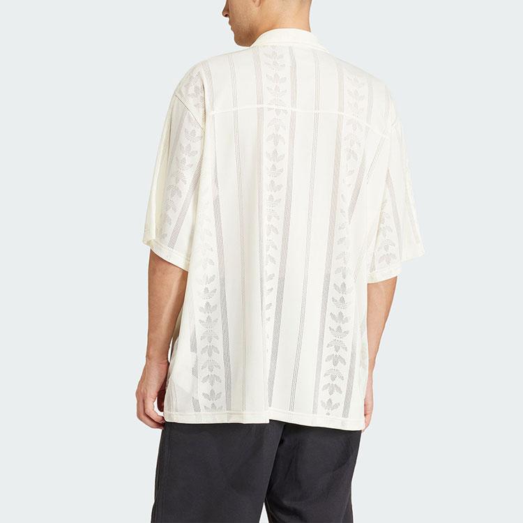Adidas Originals Fashion Mesh Shirt Classic Sports Full Print Logo Hollow Design Polo Short Sleeve Shirt Men Shirts Ivory IT7500