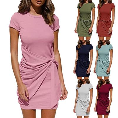Short Sleeve Women Solid Blue Black Casual Dresses Summer New Design Wrap and Tie Bodycon Mini Dress O-Neck Vestidos Mujer