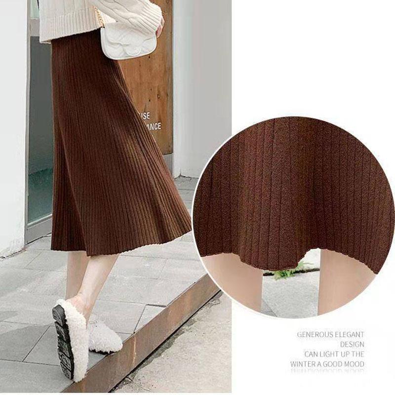 Autumn Winter Knitting Solid Color Pleated Skirt Female High Waist All-match Mid-length A-line Skirt