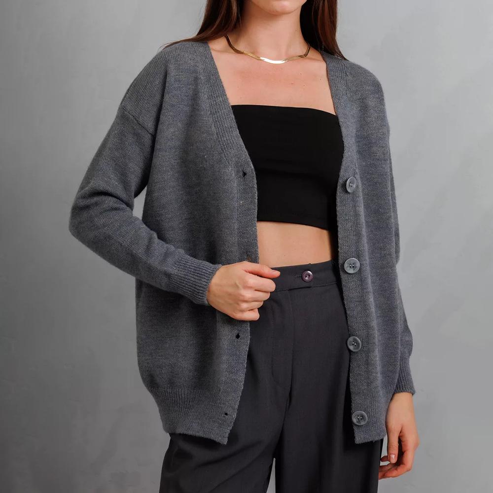 Solid Color Knitted Cardigan Female Autumn and Winter Loose Simple Casual V-neck Sweater Female Comfortable Versatile and Fashionable
