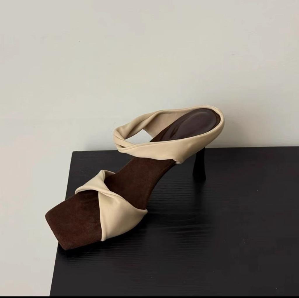 2025 New Summer Square Head One-word with Stiletto Half-drag Open-toed Women's Sandals