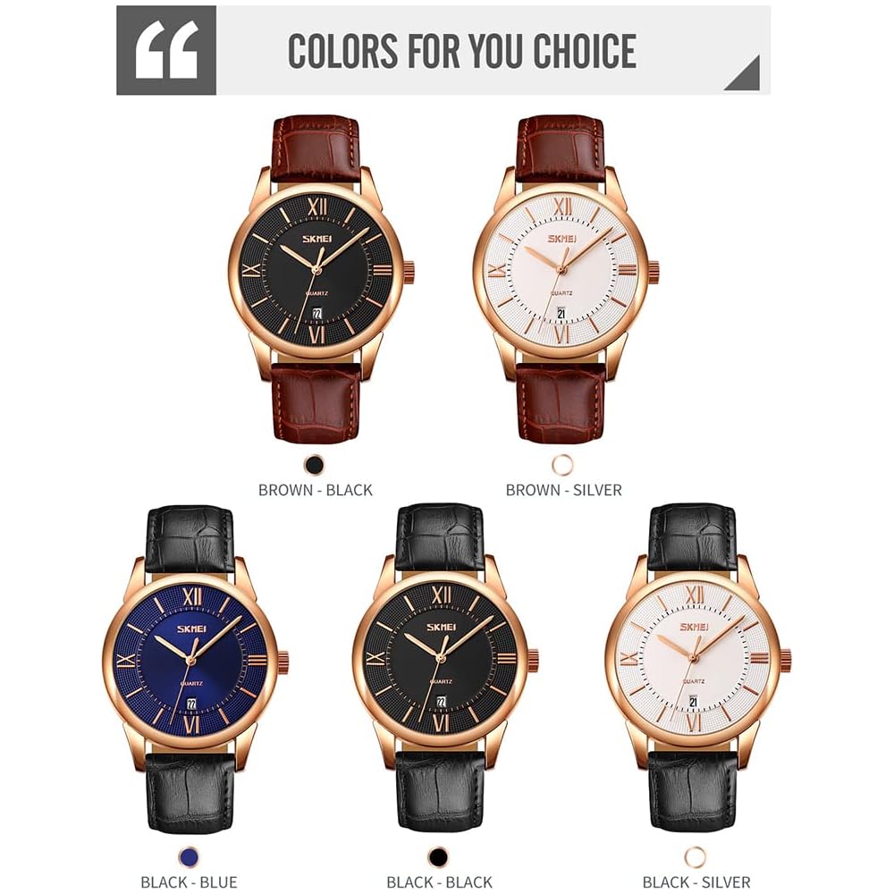 Classic Men's Analog Watch Brown Leather Band Waterproof Business Style
