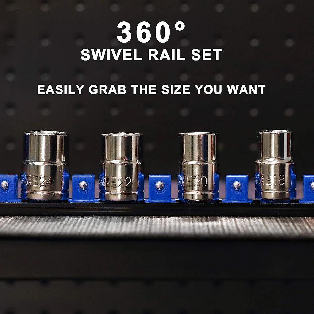 1pc 360° Swivel Socket Organizer 1/4 3/8 1/2 Premium Quality Socket Clip Rail Holder Socket Sliding Stand Sleeve Rail Rack Tools