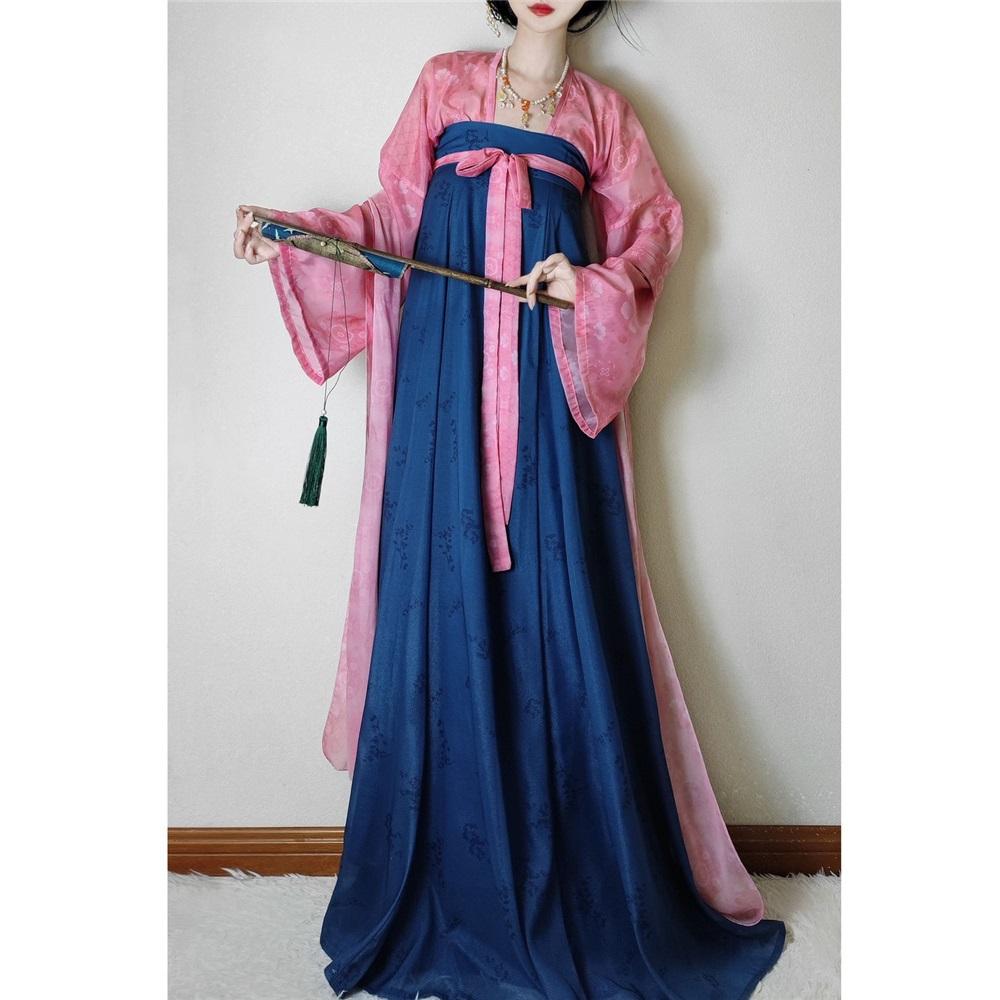 Chinesischer Tang-Dynastie Stil Tägliche Dopamin Chinesisches Kostüm Outfits Retro Einteiler Langes Rock Anzug für Damen