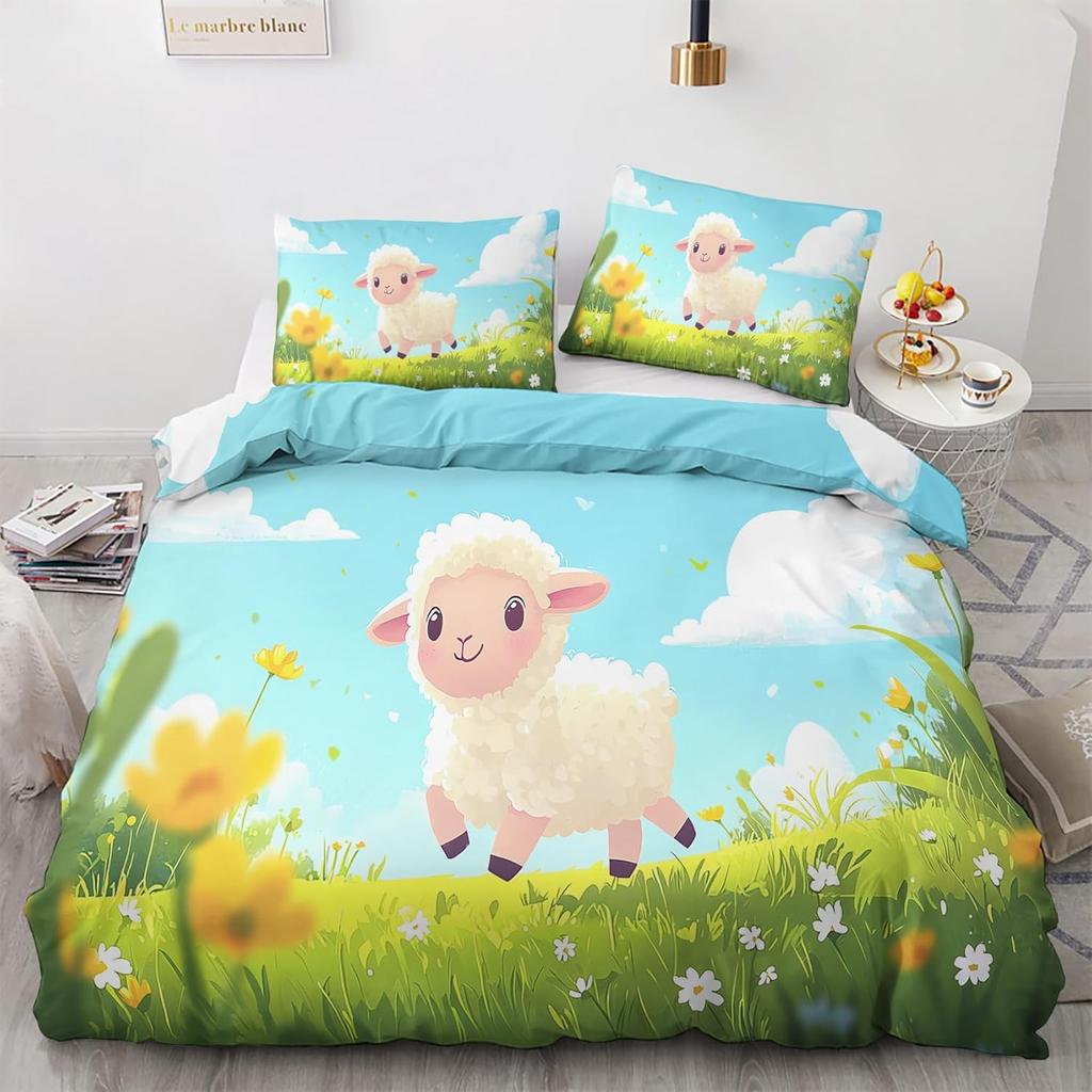 Cartoon Sheep Duvet Cover Double Size, 3D Cute Animals Soft Microfiber Bedding Set with 2 Pillowcases for Kids Boys Girls Teens