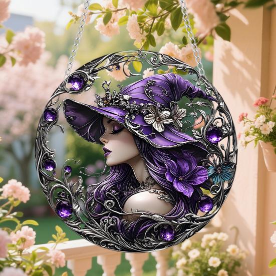 Halloween Witch Black Cat Hanging Sign 2D Flat Acrylic Broom Witch Round Sign Indoor Outdoor Porch Door Hanger Wall Hanging Decoration