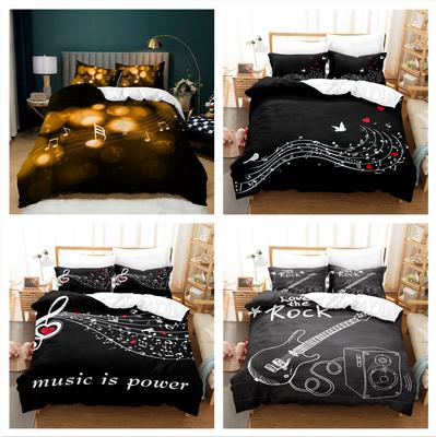 Juego de cama con estampado musical con patrón de notas de fondo negro, funda de edredón, funda de almohada, tela de microfibra de 2 o 3 piezas, decoración del hogar suave y cómoda