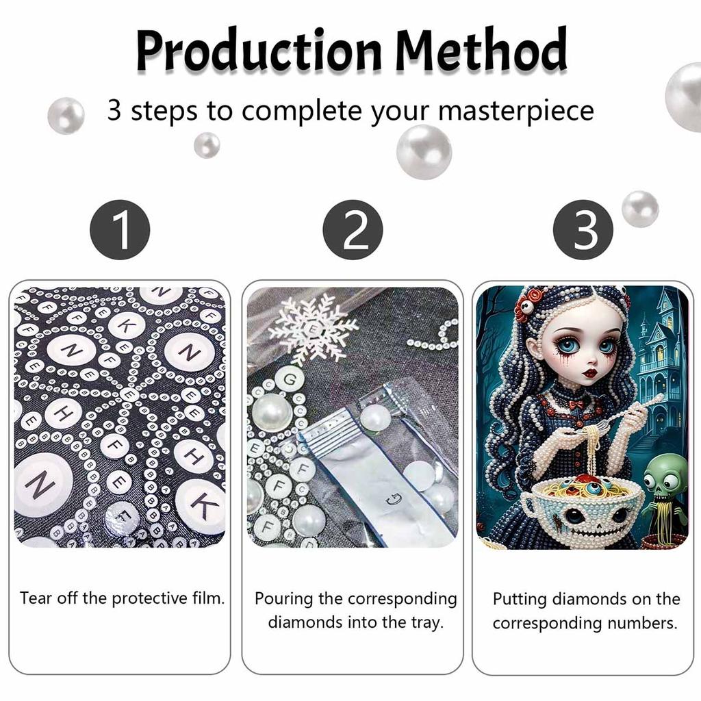 Halloween pearl painting art full pearl gothic girl eating pasta skull handmade diy home decorations