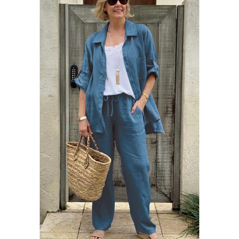 Long Sleeve Pocket Shirt and Wide Leg Pants Set In Multiple Colors