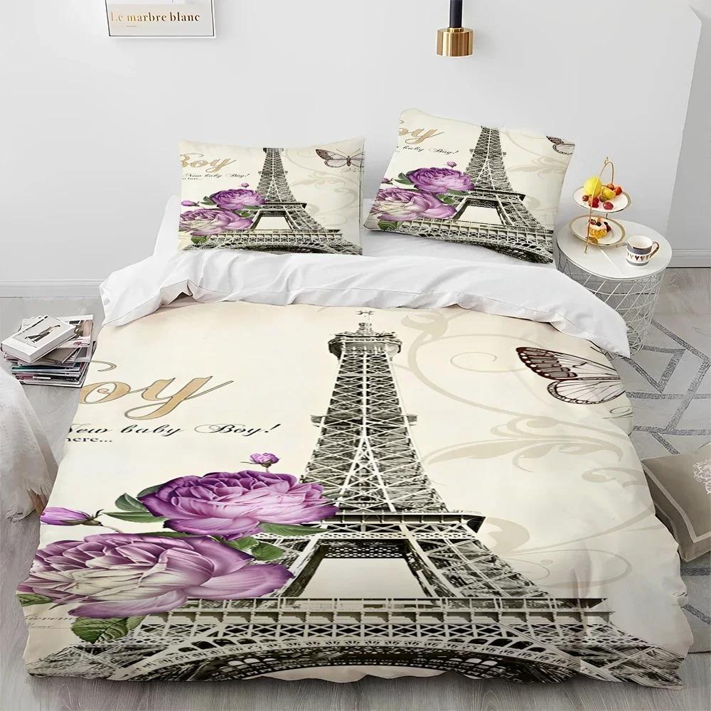 France Paris Eiffel Tower Romantic Comforter Bedding CollectionDuvet Cover Bed Collection Quilt Cover PillowcaseKing Queen Size Bedding Collection