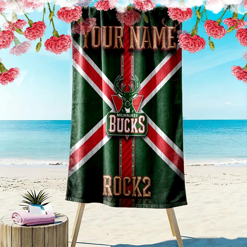 Name Custom Milwaukee Bucks Print Beach Towel, Large Soft Quick Dry Towel for Beach Camping Swimming