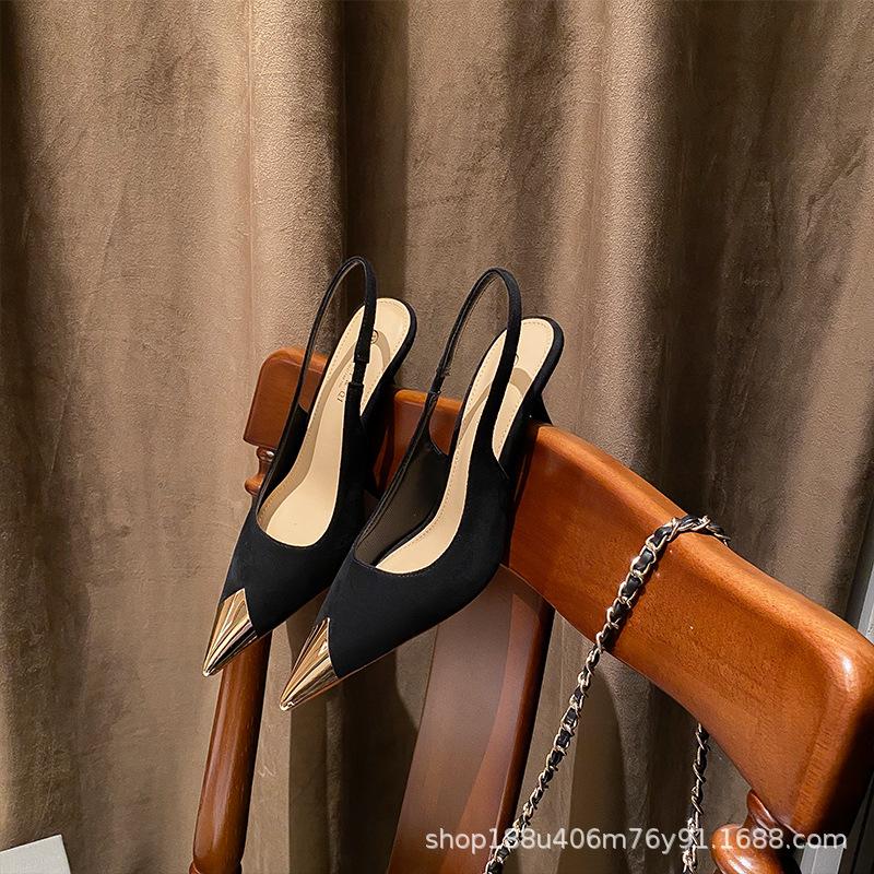 Premium black patent leather bag head sandals women's 2025 new single shoes stiletto metal pointed Internet celebrity high heels