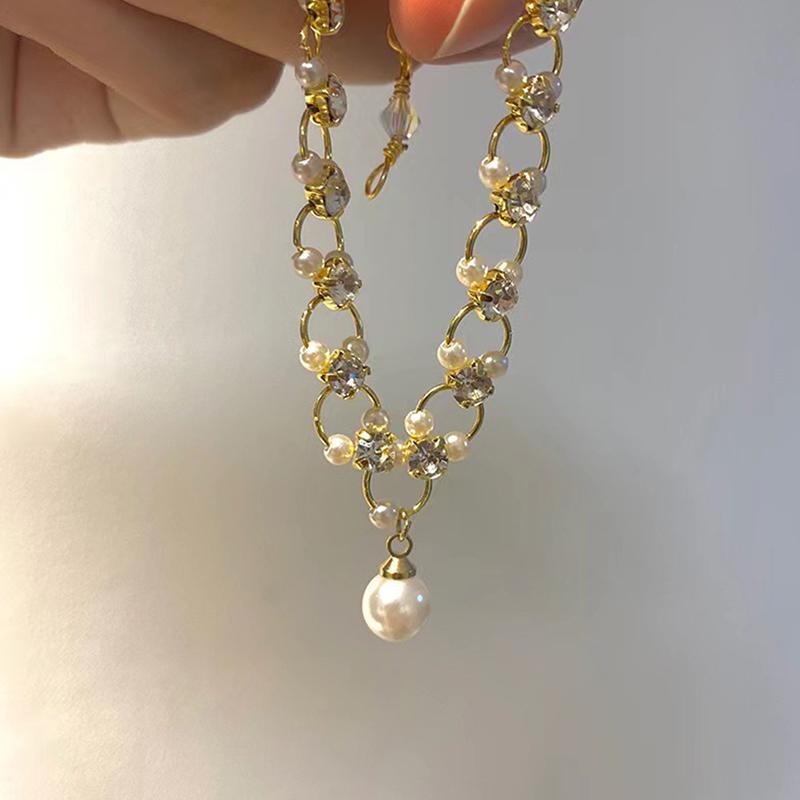 Sweet Romantic Pearl  Crossed Gold Colour Bracelet Set
