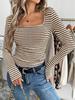 Real European and American 2025 new women's T-shirt square neck pullover slim-fitting knitted long-sleeved bottoming shirt