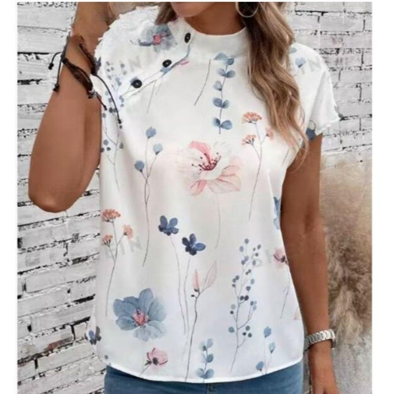 

Сладкий Западный Стиль Лето Новая Мода Три Пряжки Воротник-стойка Принт Свежий Рубашка с коротким рукавом Топ Женская Блузка Picture Color XL