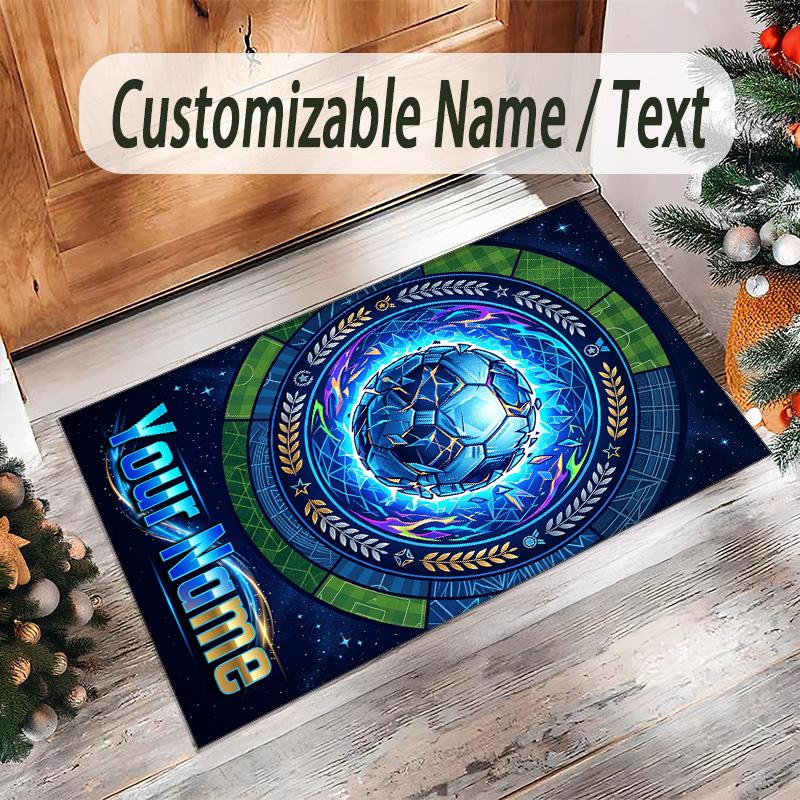 Soccer Theme Crystal Velvet Floor Rug Personalized Custom Name Text Warm Carpet Home Decoration